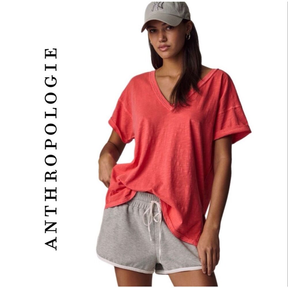 Anthropologie Coral V-Neck Slub Knit Tee